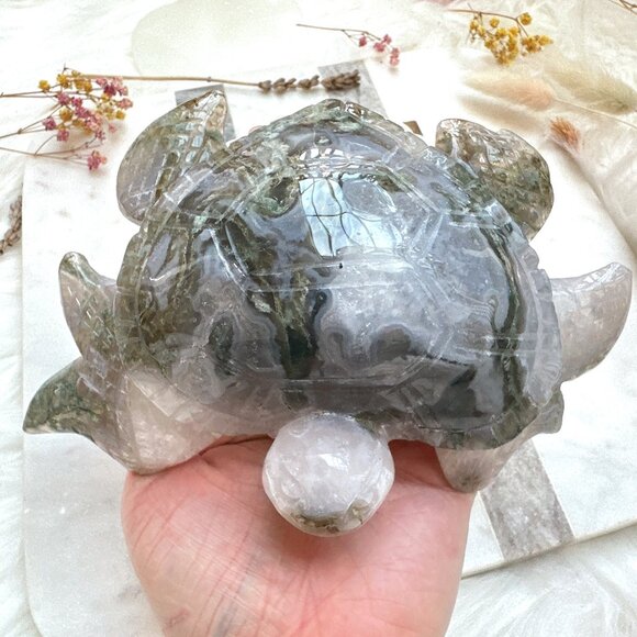 Gorgeous Large Moss Agate Sea Turtle Carving - Picture 2 of 9